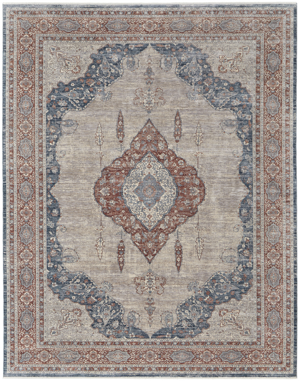 7' X 10' Gray Red And Blue Floral Power Loom Stain Resistant Area Rug-514457-1