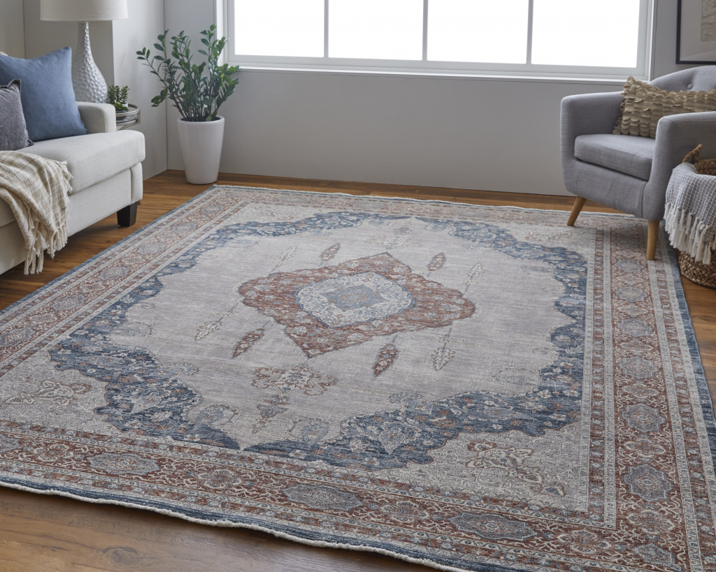 8" X 10" Gray Red And Blue Floral Power Loom Stain Resistant Area Rug