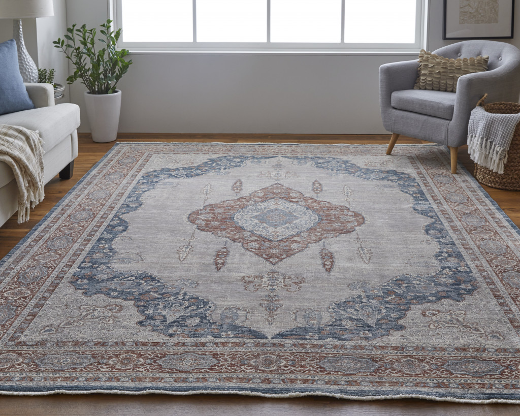 8" X 10" Gray Red And Blue Floral Power Loom Stain Resistant Area Rug