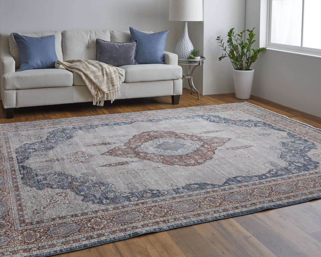8" X 10" Gray Red And Blue Floral Power Loom Stain Resistant Area Rug