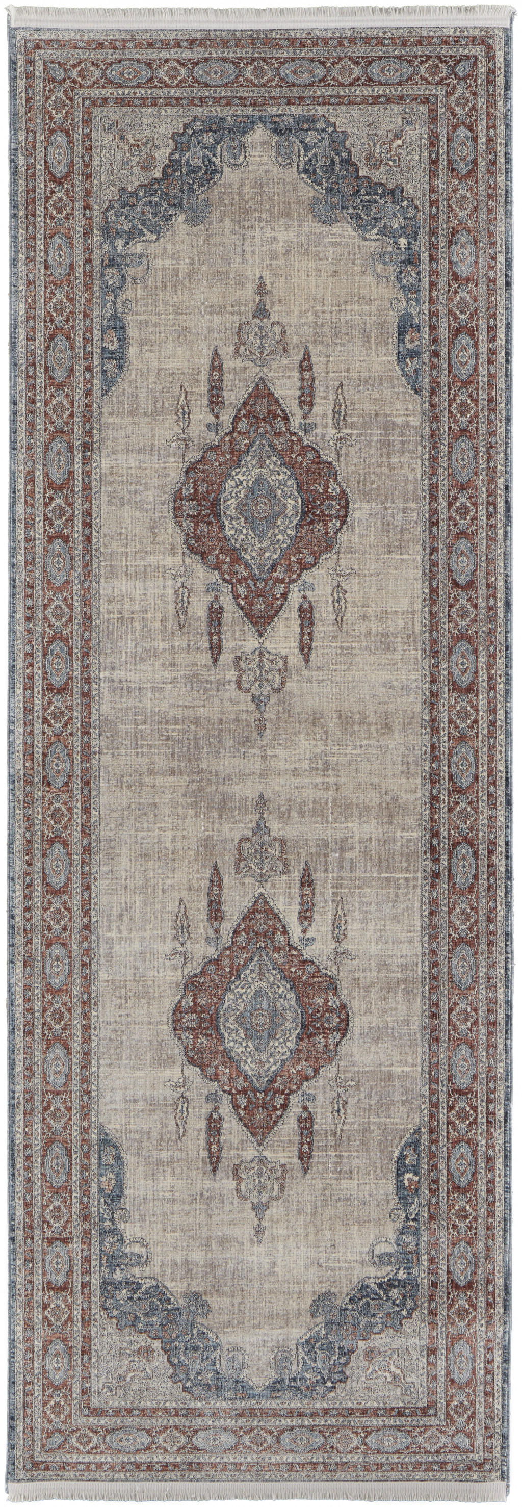8' Gray Red And Blue Floral Power Loom Stain Resistant Runner Rug-514460-1