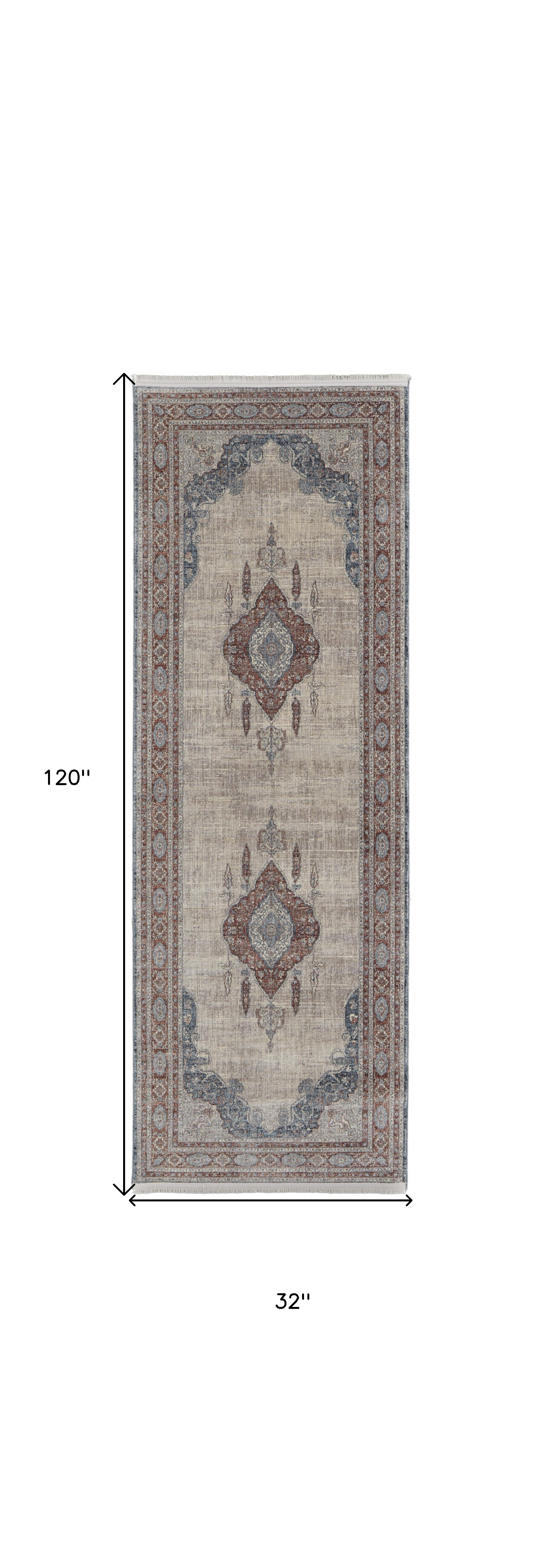 10" Blue and Gray Floral Power Loom Runner Rug With Fringe