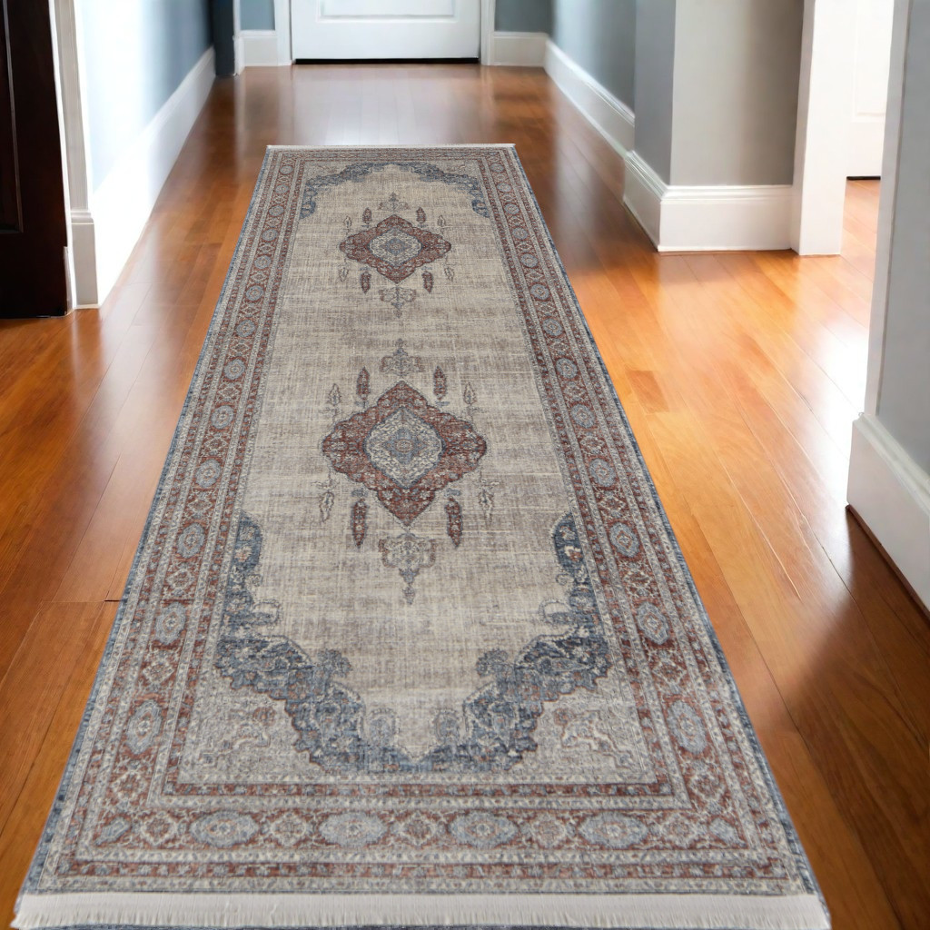10" Blue and Gray Floral Power Loom Runner Rug With Fringe