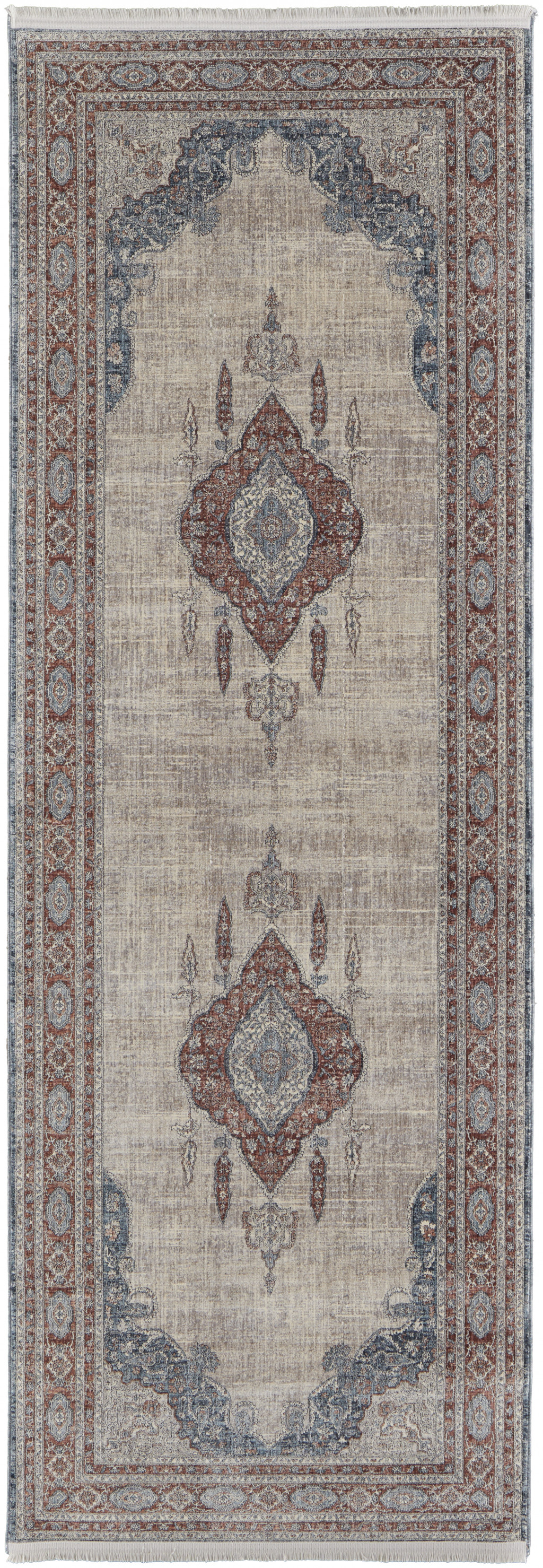 12" Gray Red And Blue Floral Power Loom Runner Rug