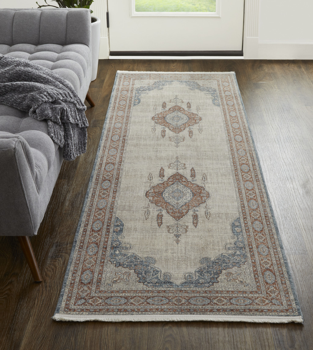 12" Gray Red And Blue Floral Power Loom Runner Rug