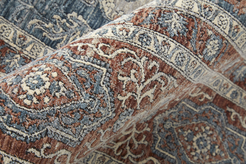 12" Gray Red And Blue Floral Power Loom Runner Rug