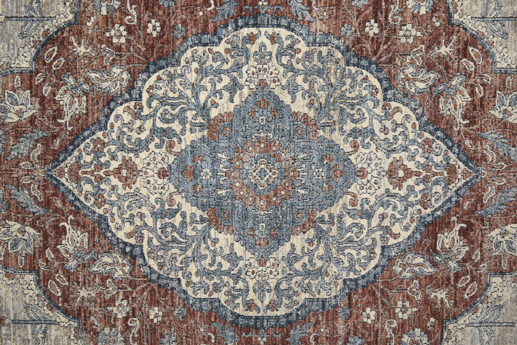 12" Gray Red And Blue Floral Power Loom Runner Rug
