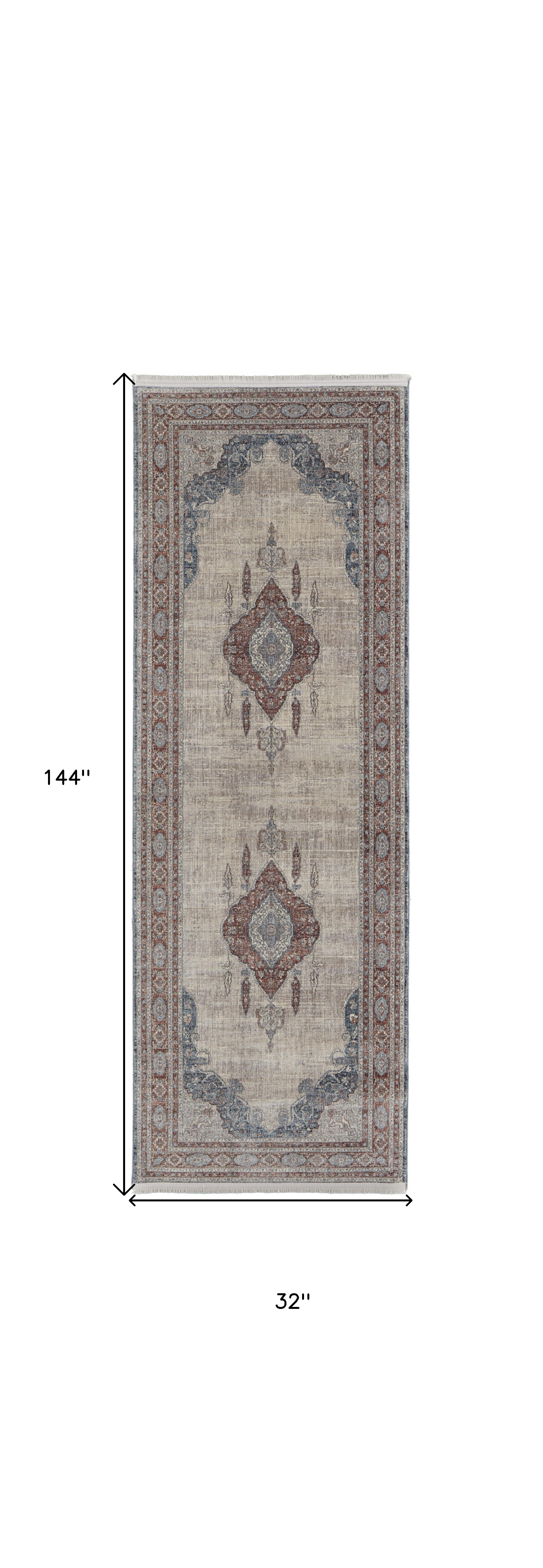 12" Gray Red And Blue Floral Power Loom Runner Rug