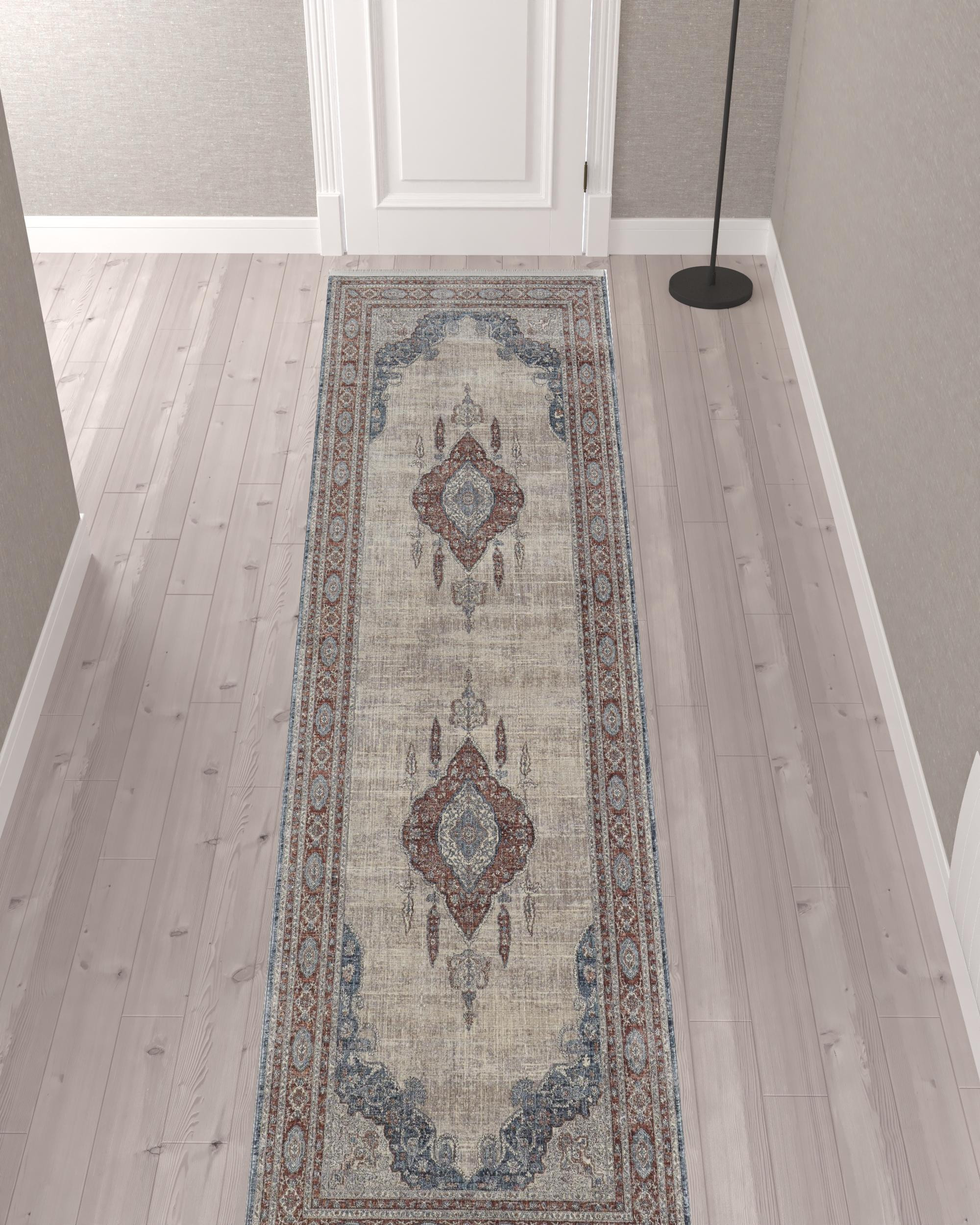 12" Gray Red And Blue Floral Power Loom Runner Rug