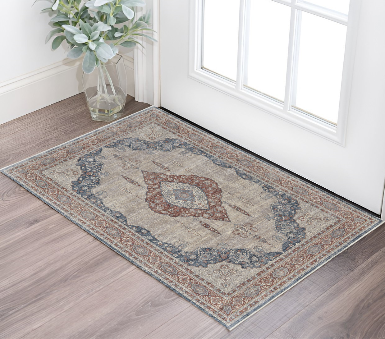 2" X 3" Blue and Gray Floral Power Loom Area Rug