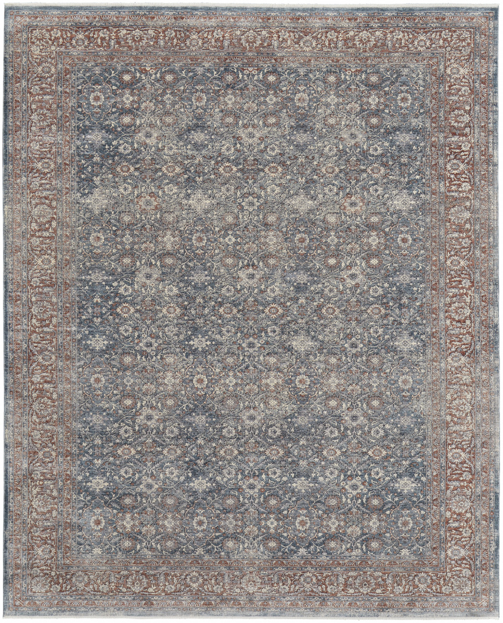 7" X 10" Blue And Red Floral Power Loom Stain Resistant Area Rug
