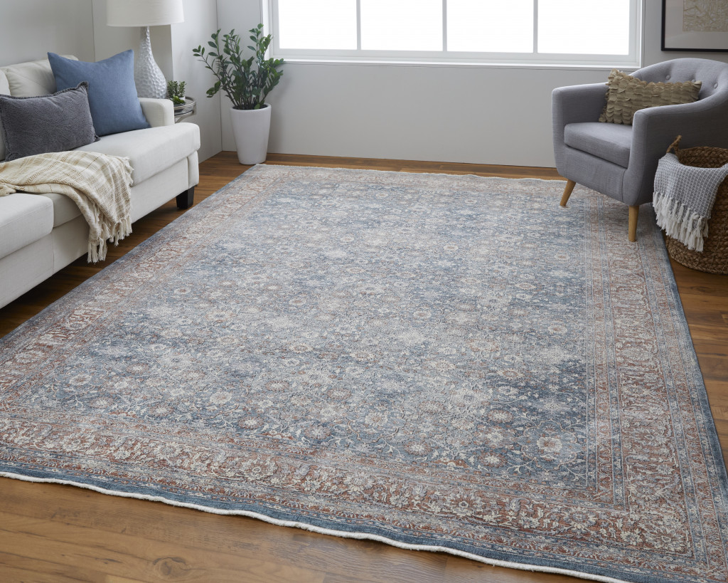 7" X 10" Blue And Red Floral Power Loom Stain Resistant Area Rug