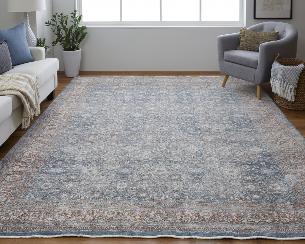 7" X 10" Blue And Red Floral Power Loom Stain Resistant Area Rug