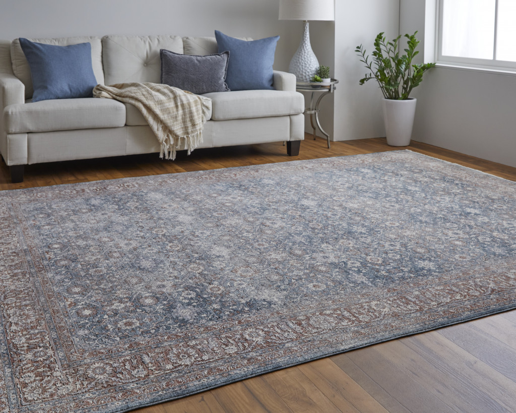7" X 10" Blue And Red Floral Power Loom Stain Resistant Area Rug