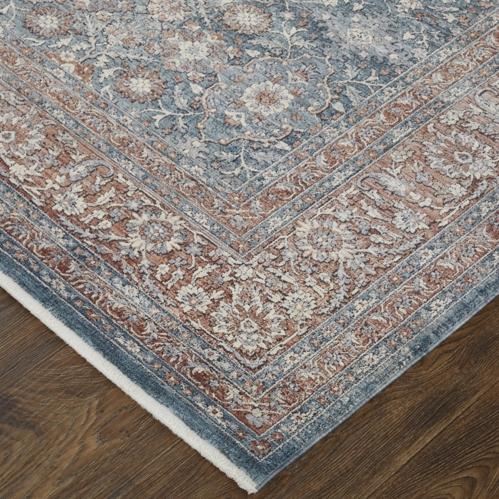 7" X 10" Blue And Red Floral Power Loom Stain Resistant Area Rug