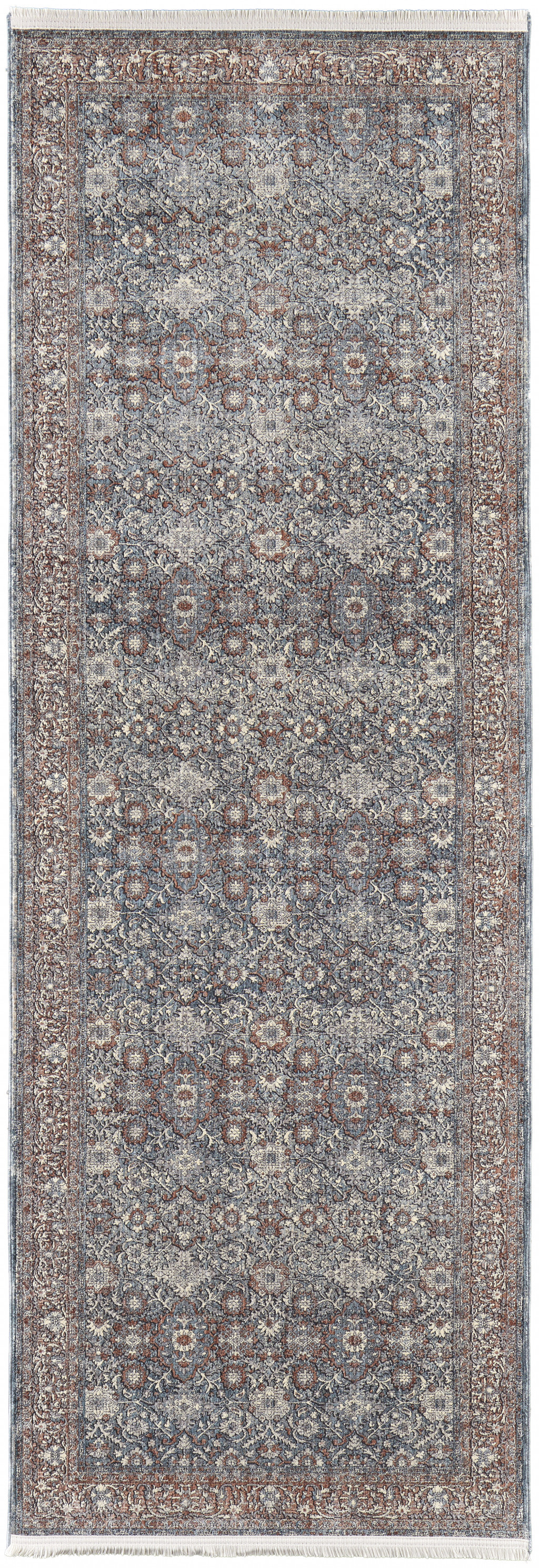 8" Blue And Red Floral Power Loom Stain Resistant Runner Rug