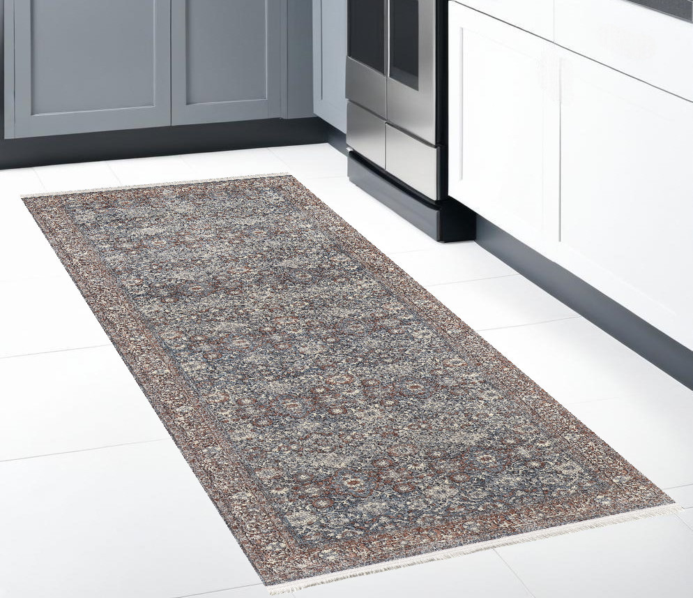 8" Blue And Red Floral Power Loom Stain Resistant Runner Rug