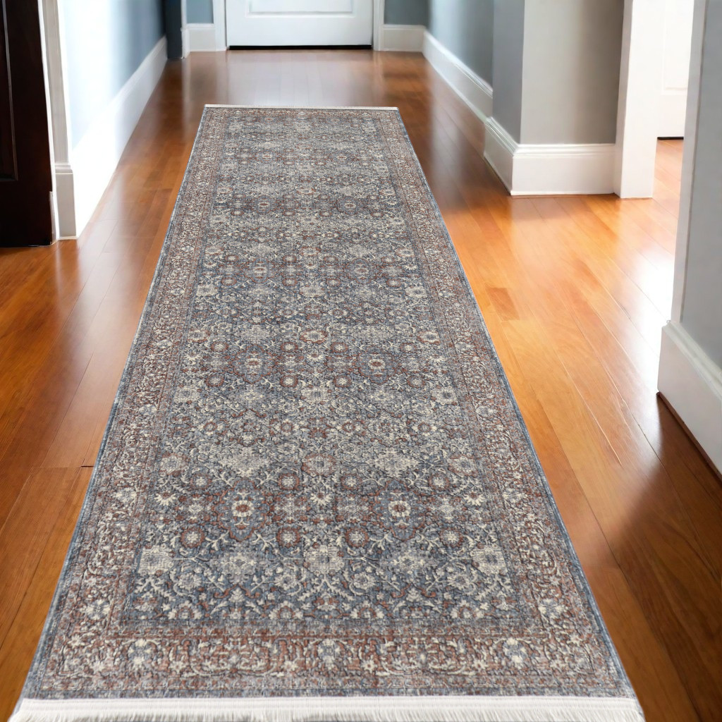 10" Blue and Beige Floral Power Loom Runner Rug With Fringe