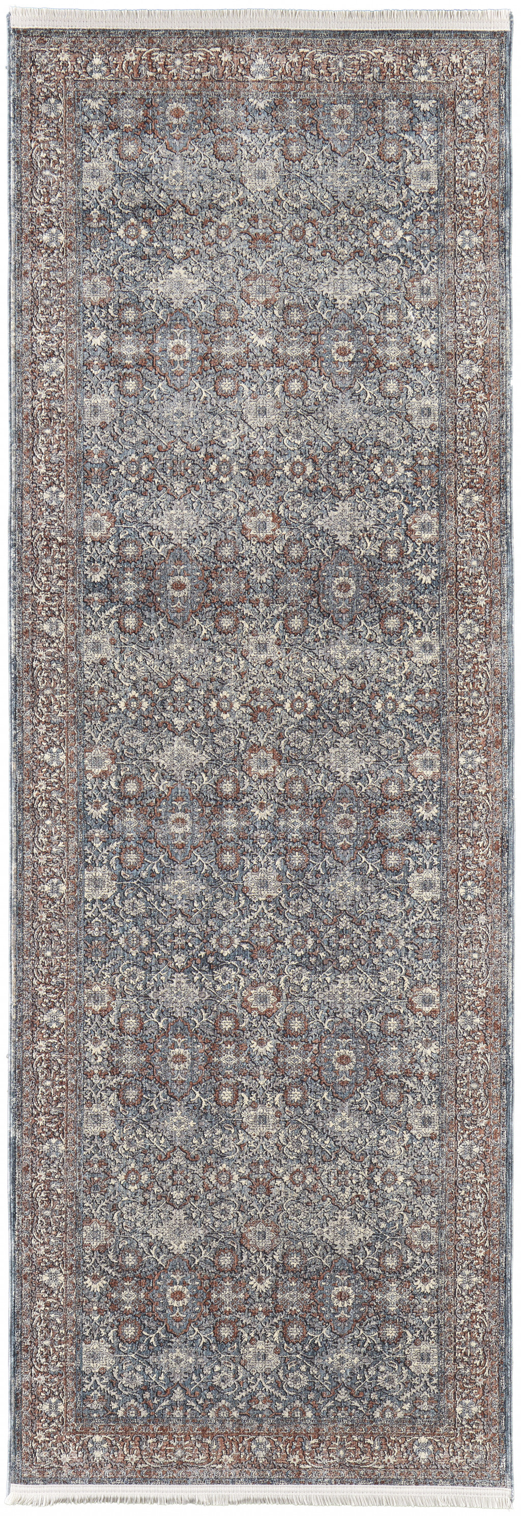 12" Blue And Red Floral Power Loom Runner Rug