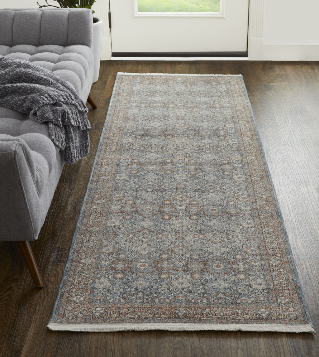 12" Blue And Red Floral Power Loom Runner Rug
