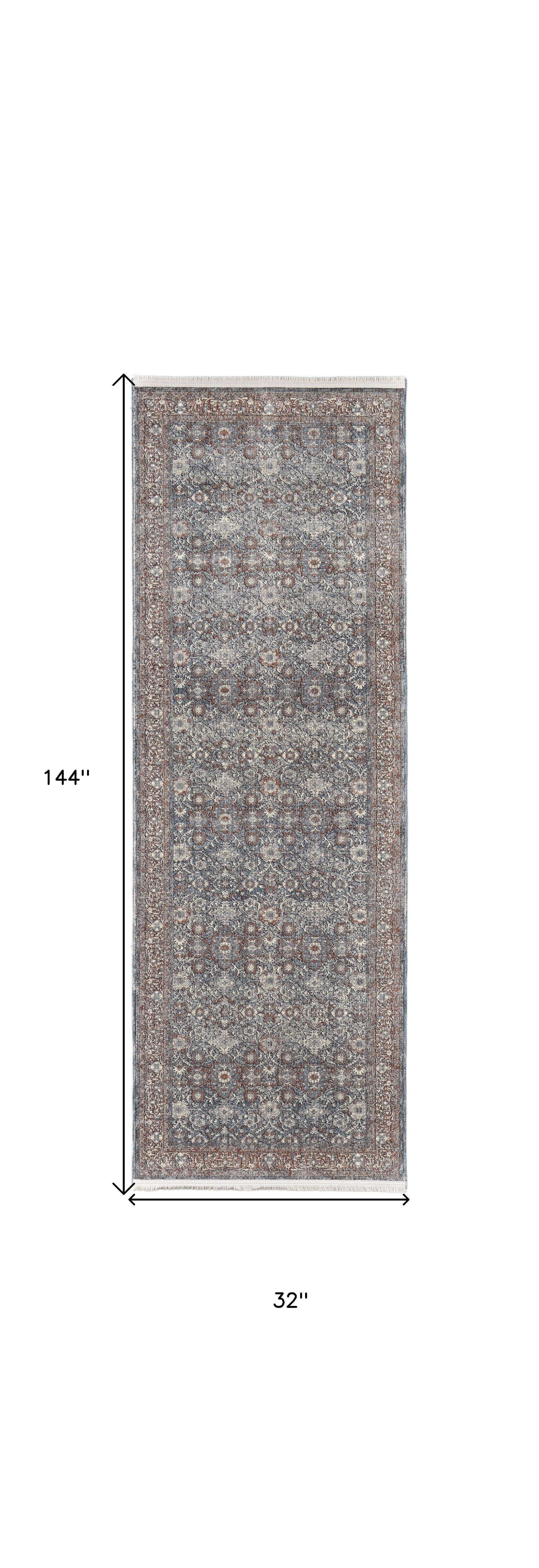 12" Blue And Red Floral Power Loom Runner Rug