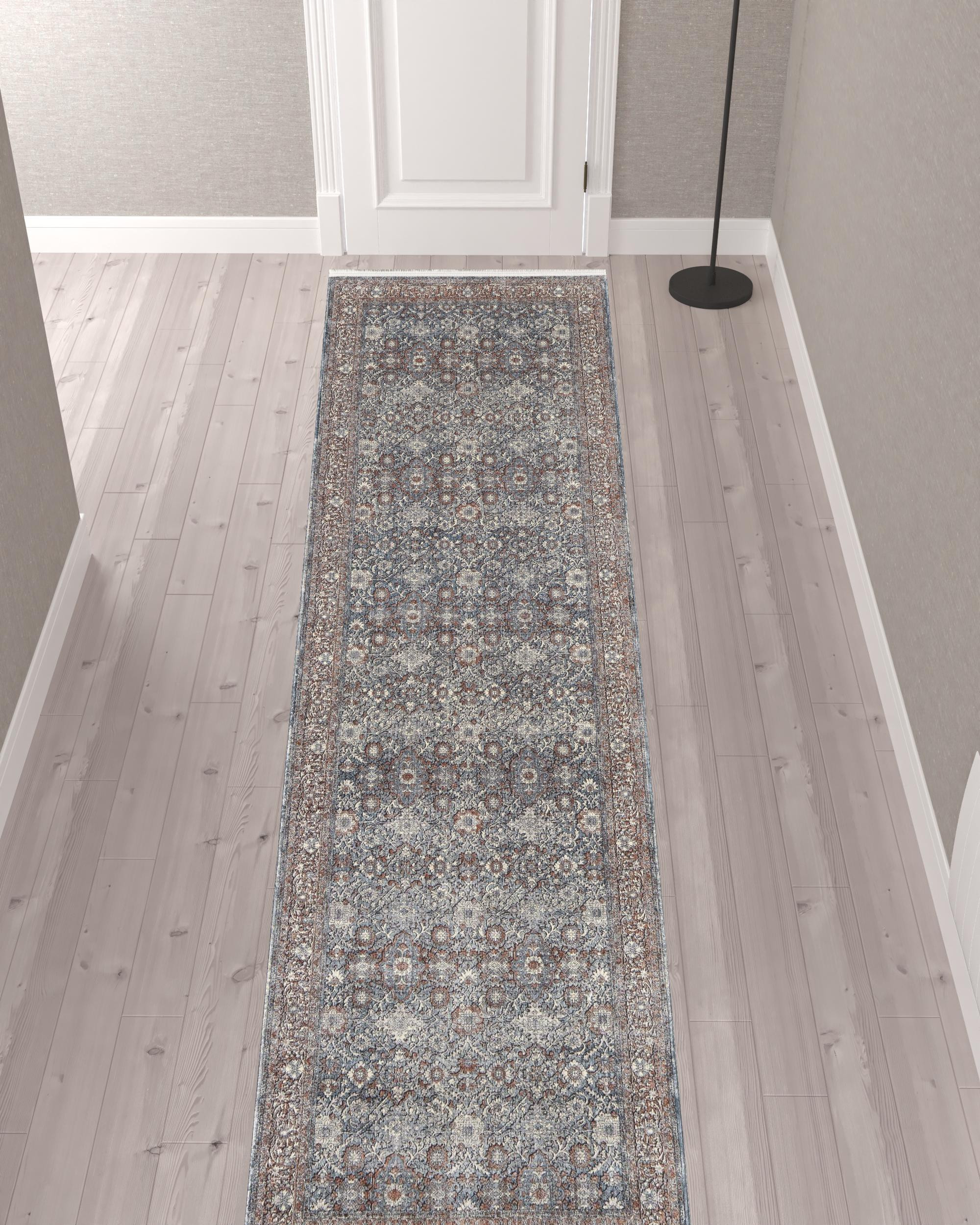 12" Blue And Red Floral Power Loom Runner Rug