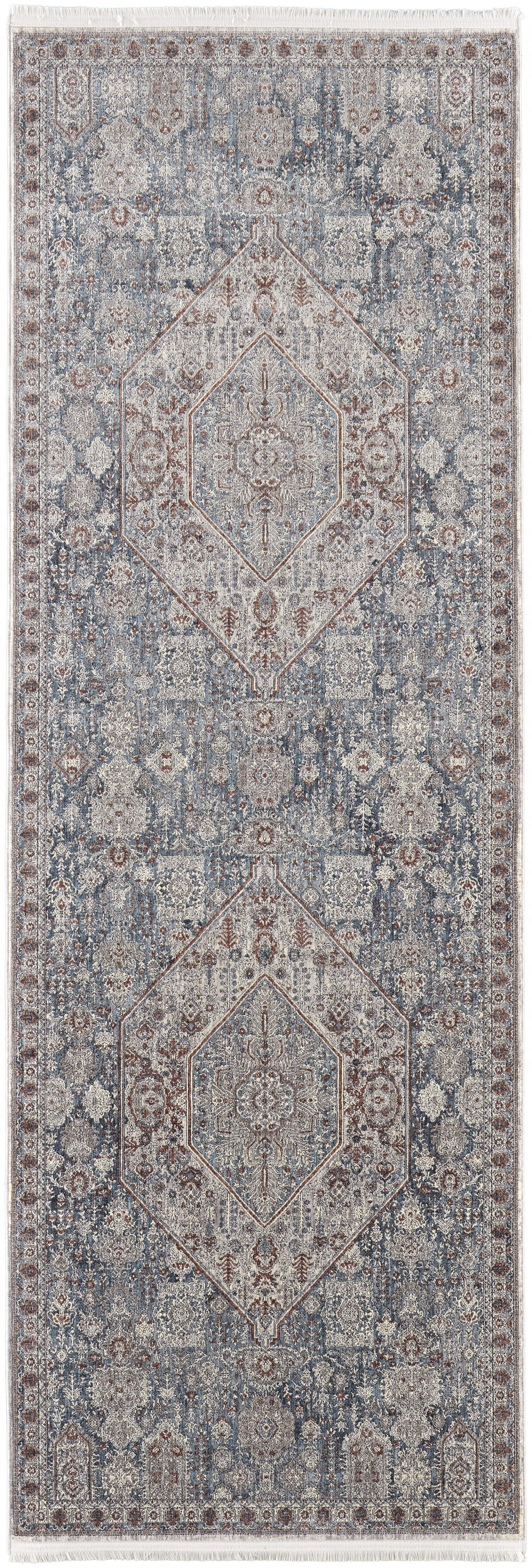 8' Blue And Ivory Floral Power Loom Stain Resistant Runner Rug-514478-1