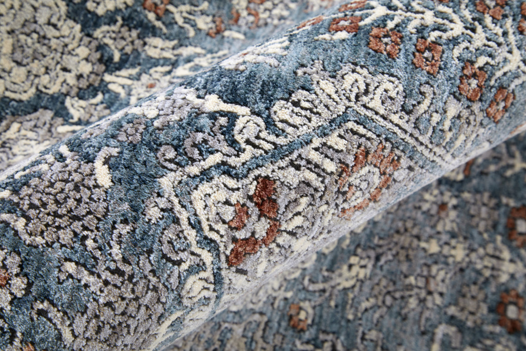 10" Blue and Ivory Floral Power Loom Runner Rug With Fringe