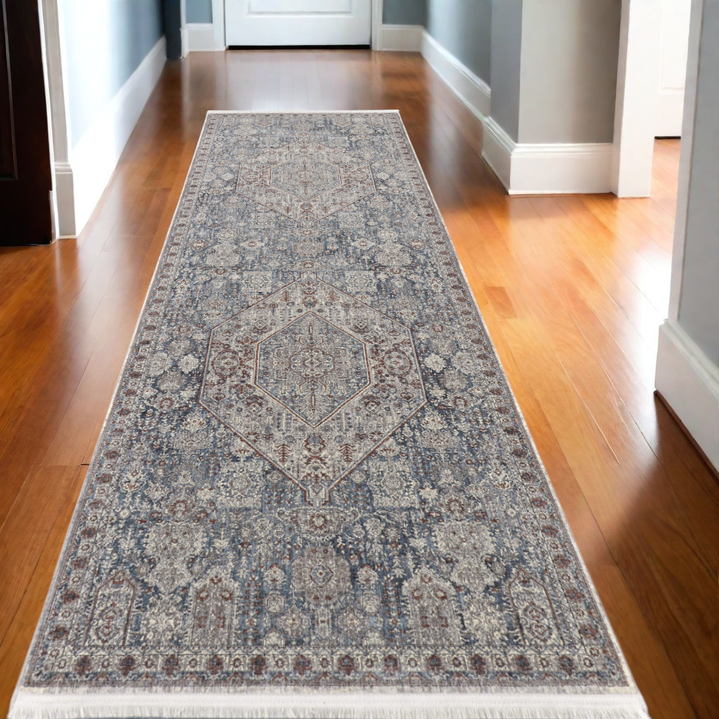 10" Blue and Ivory Floral Power Loom Runner Rug With Fringe