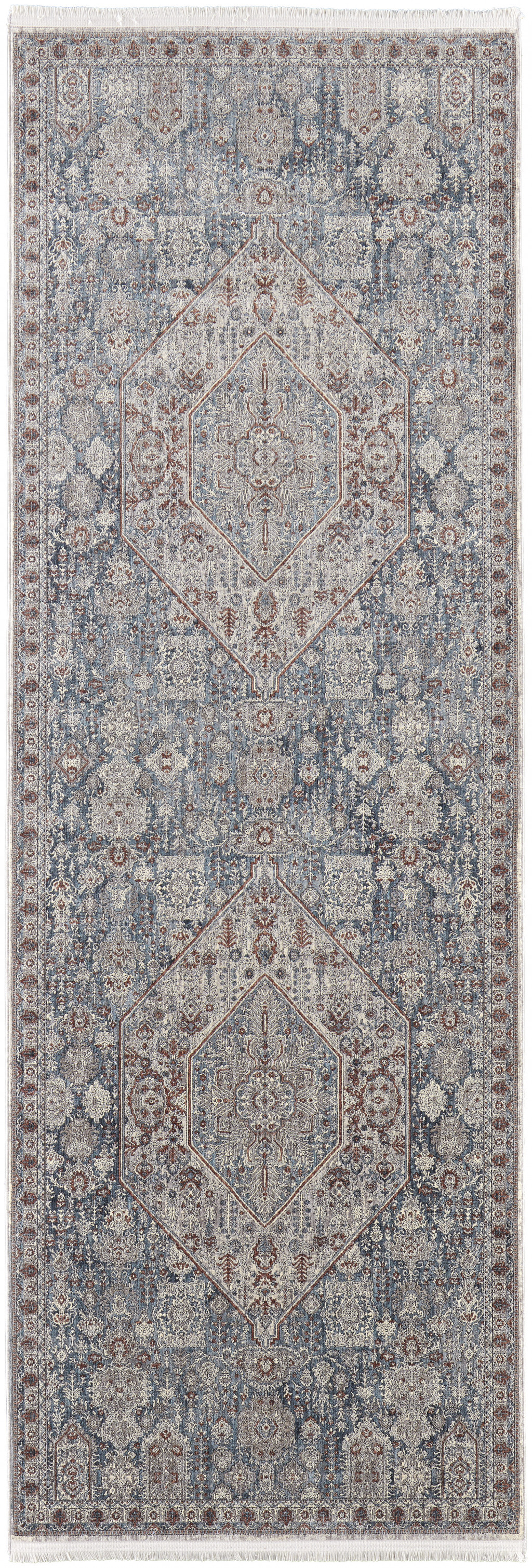 12" Blue And Ivory Floral Power Loom Runner Rug