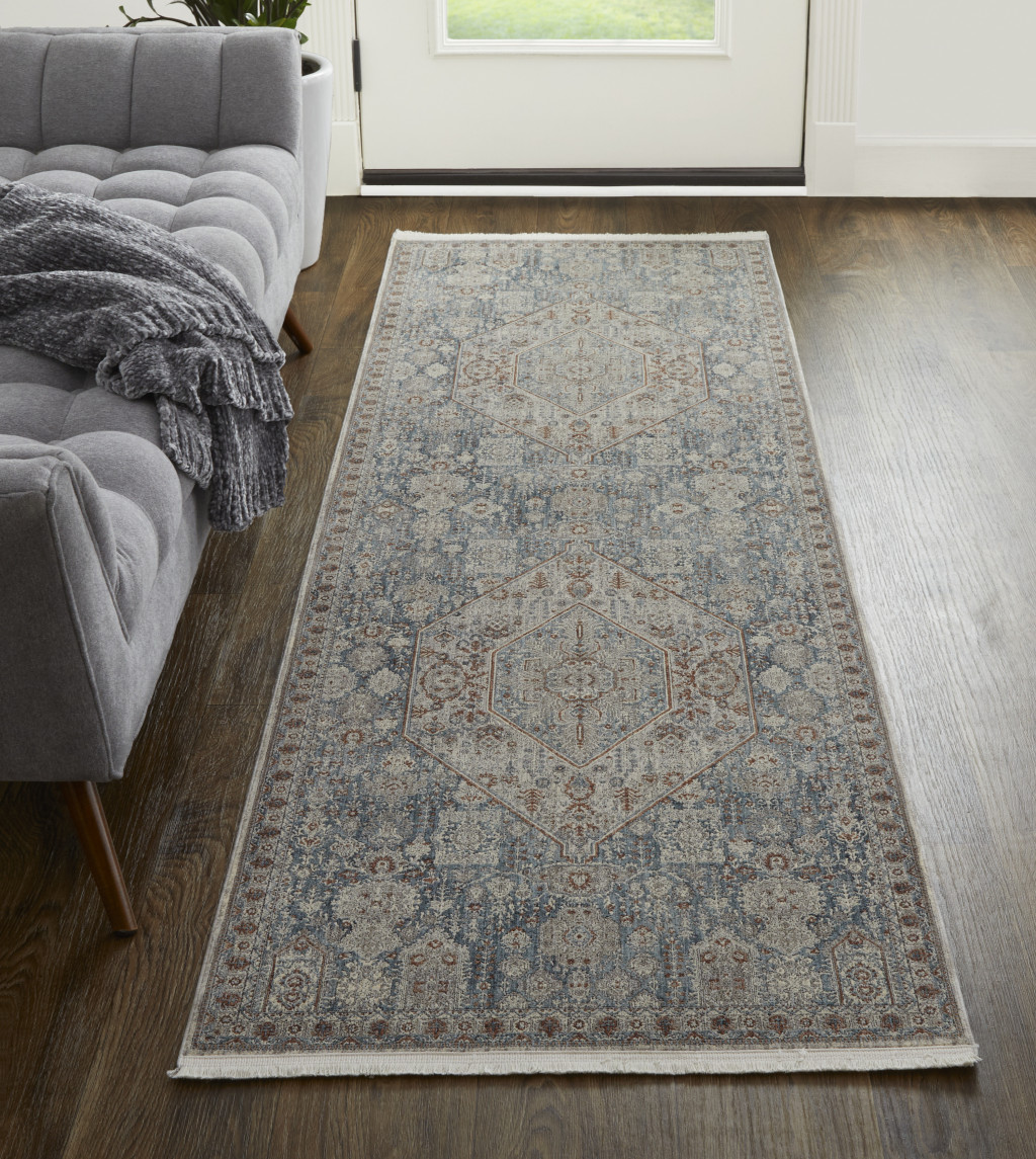 12" Blue And Ivory Floral Power Loom Runner Rug