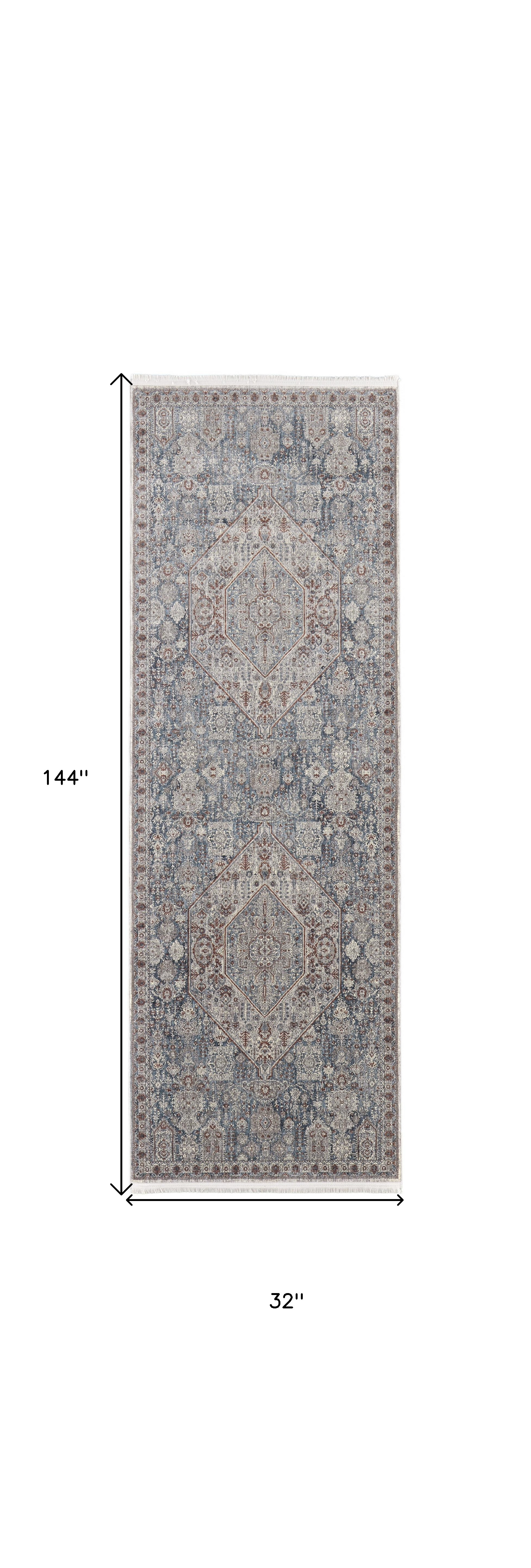 12" Blue And Ivory Floral Power Loom Runner Rug