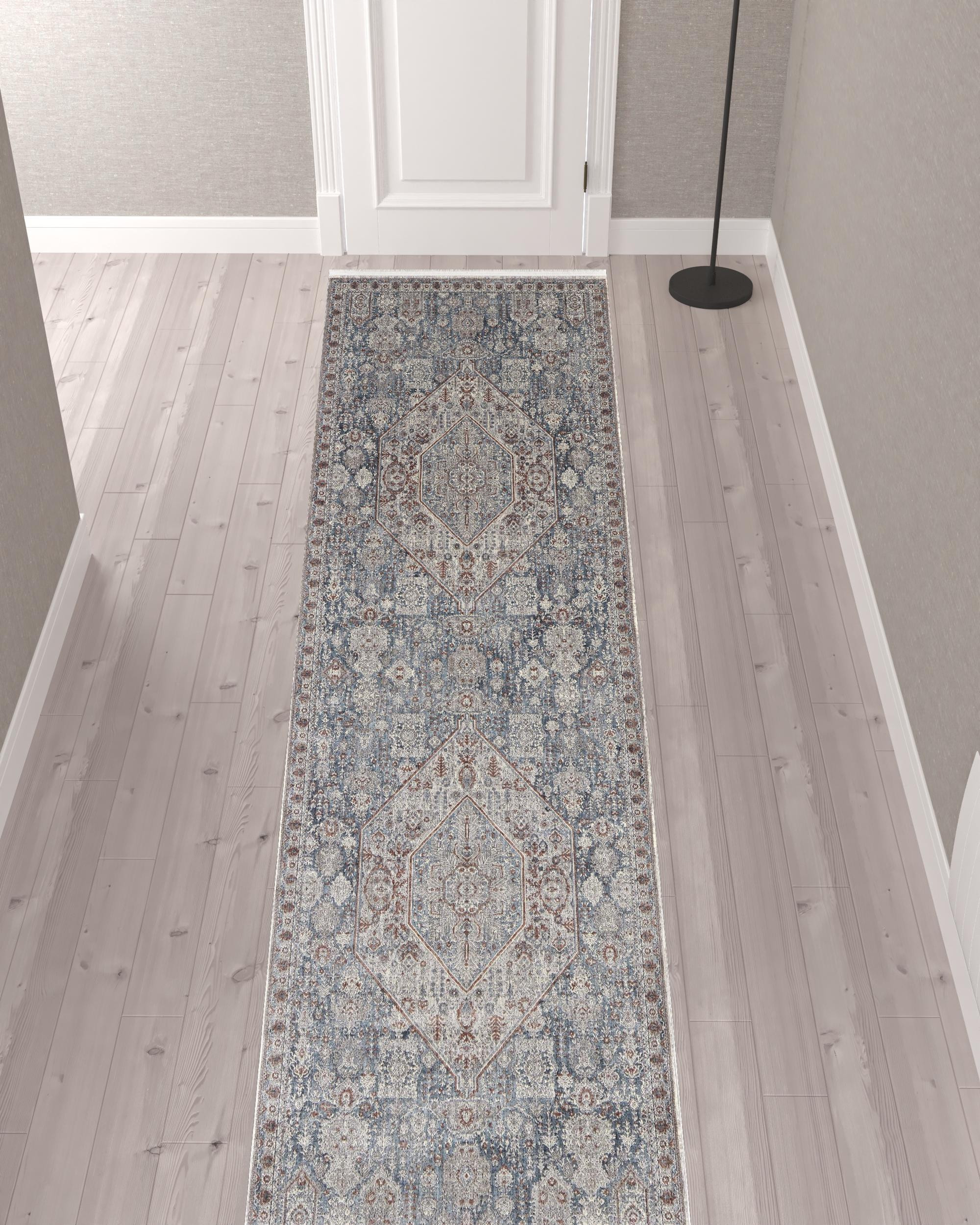 12" Blue And Ivory Floral Power Loom Runner Rug