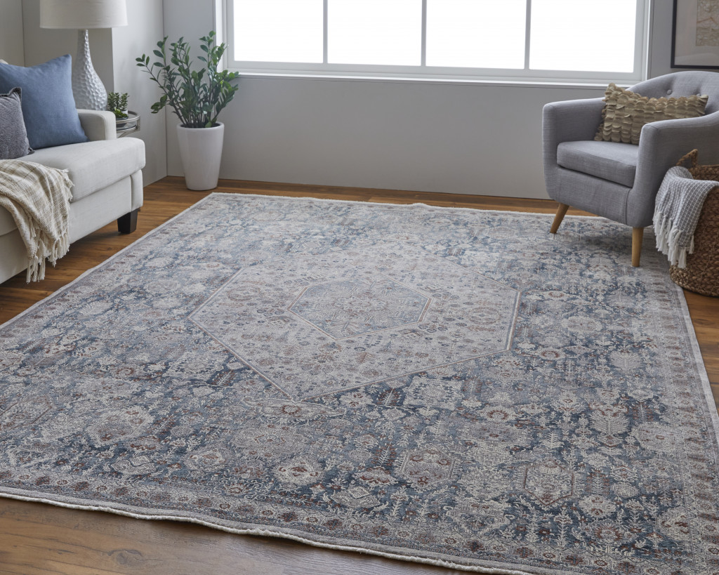 2" X 3" Blue and Ivory Floral Power Loom Area Rug