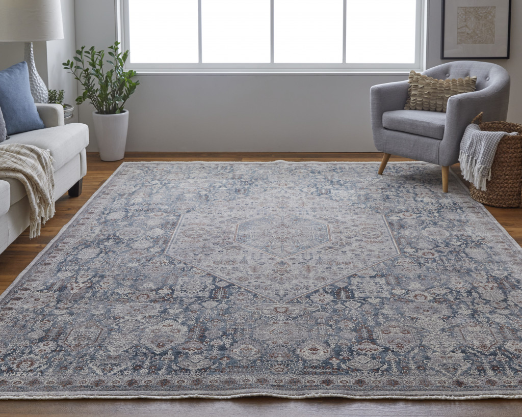 2" X 3" Blue and Ivory Floral Power Loom Area Rug