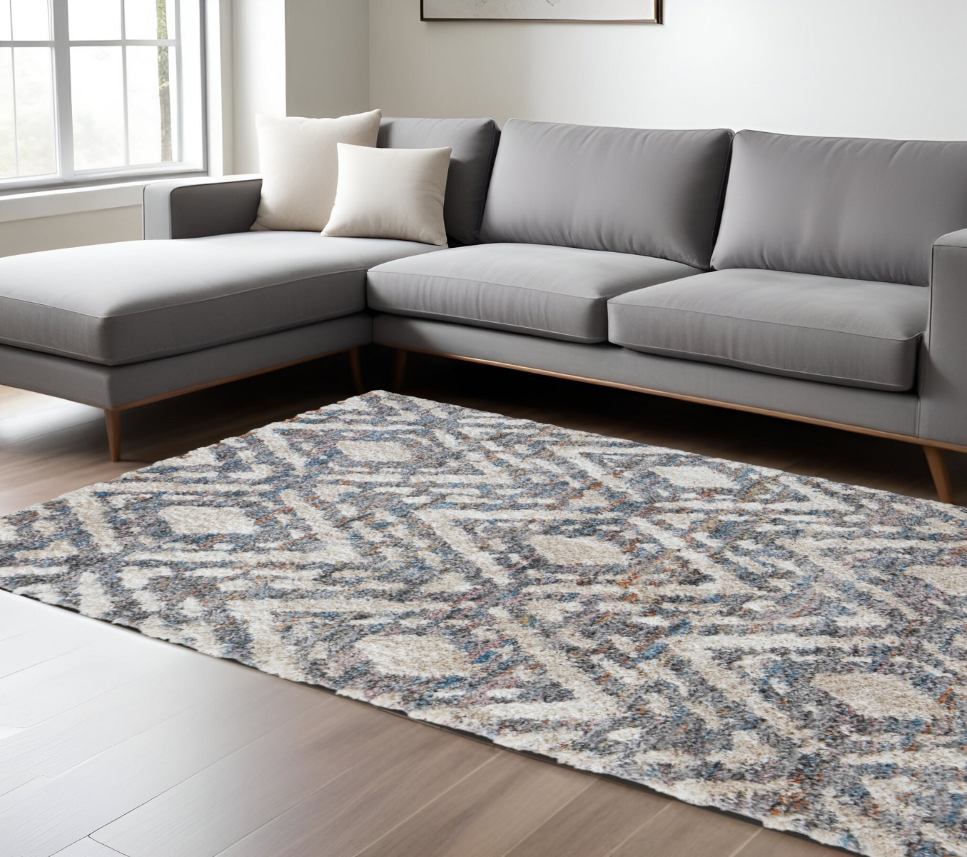 8" X 10" Gray and Ivory Geometric Power Loom Area Rug