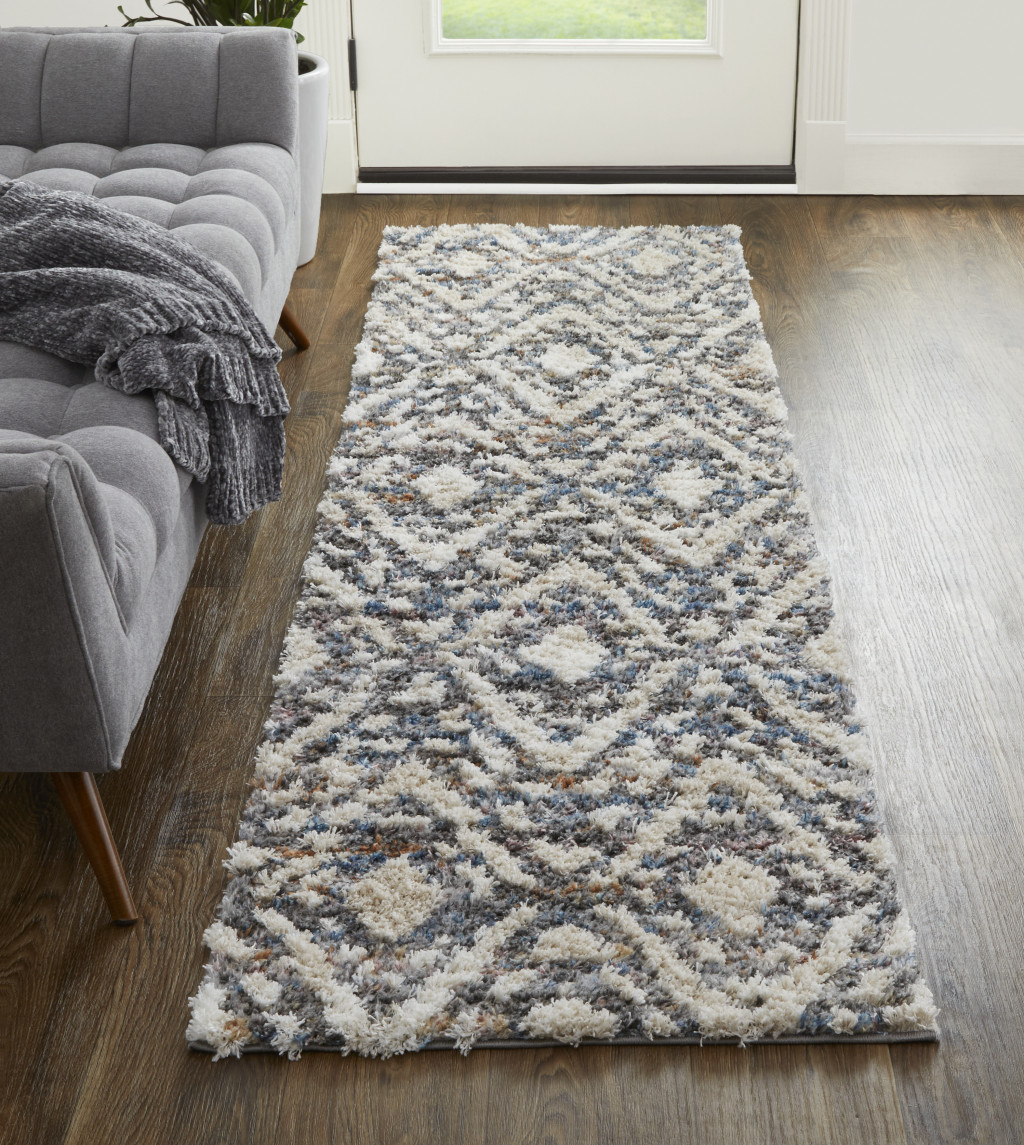 8" Ivory Gray And Taupe Geometric Power Loom Stain Resistant Runner Rug