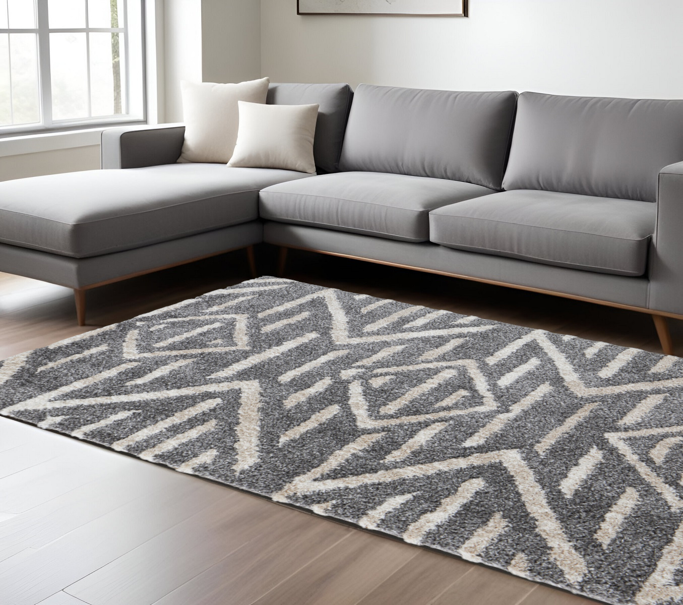 8" X 10" Gray and Ivory Geometric Power Loom Area Rug