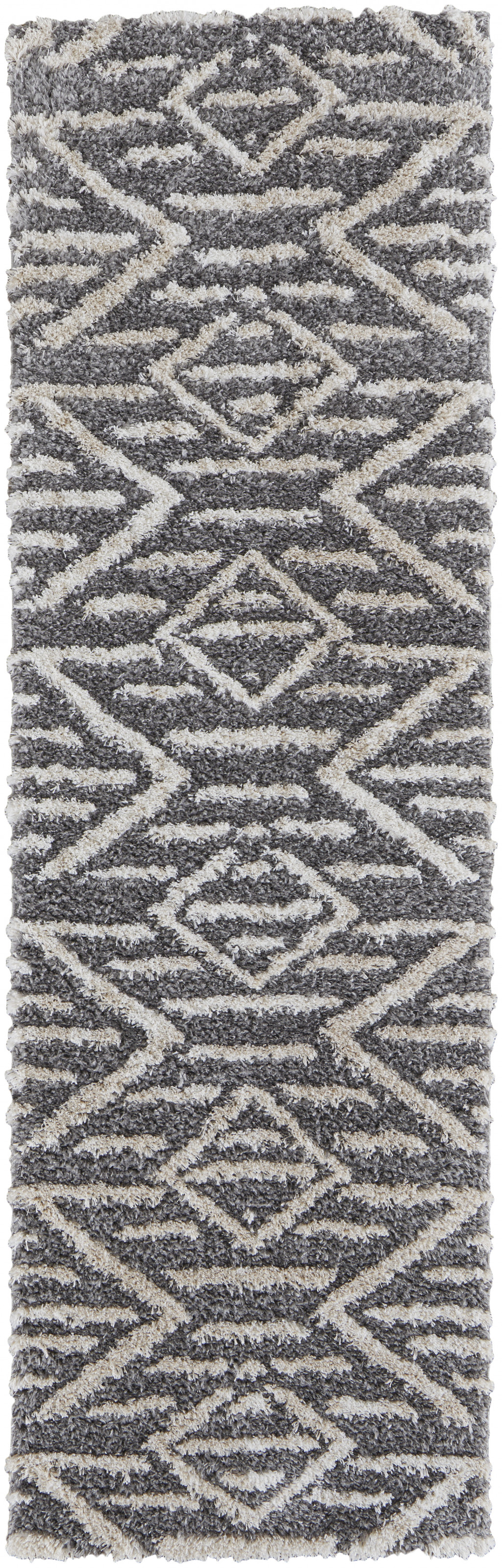 8 gray And Ivory geometric Power Loom Stain Resistant Runner Rug