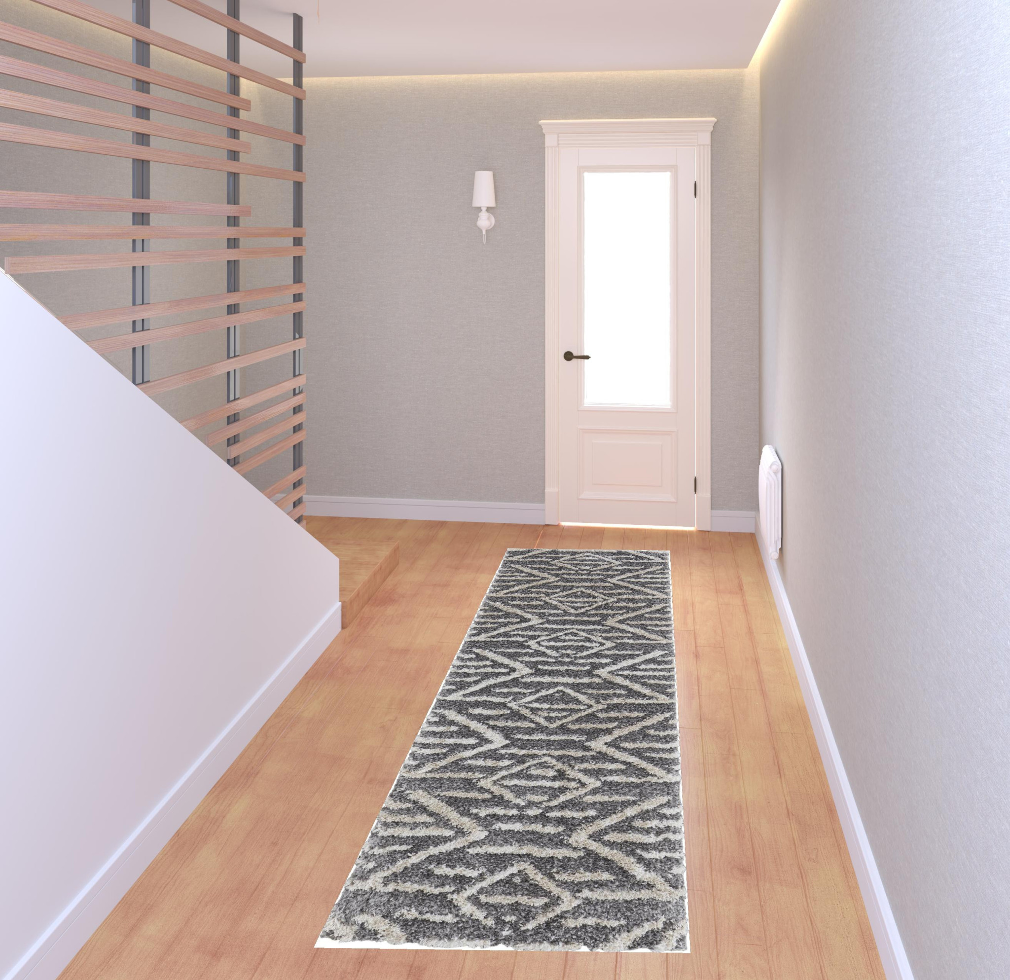 8 gray And Ivory geometric Power Loom Stain Resistant Runner Rug
