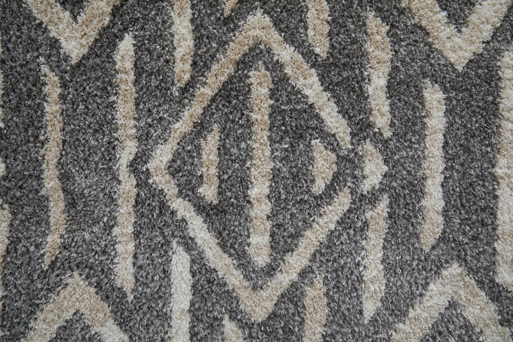 8" Gray And Ivory Geometric Power Loom Stain Resistant Runner Rug