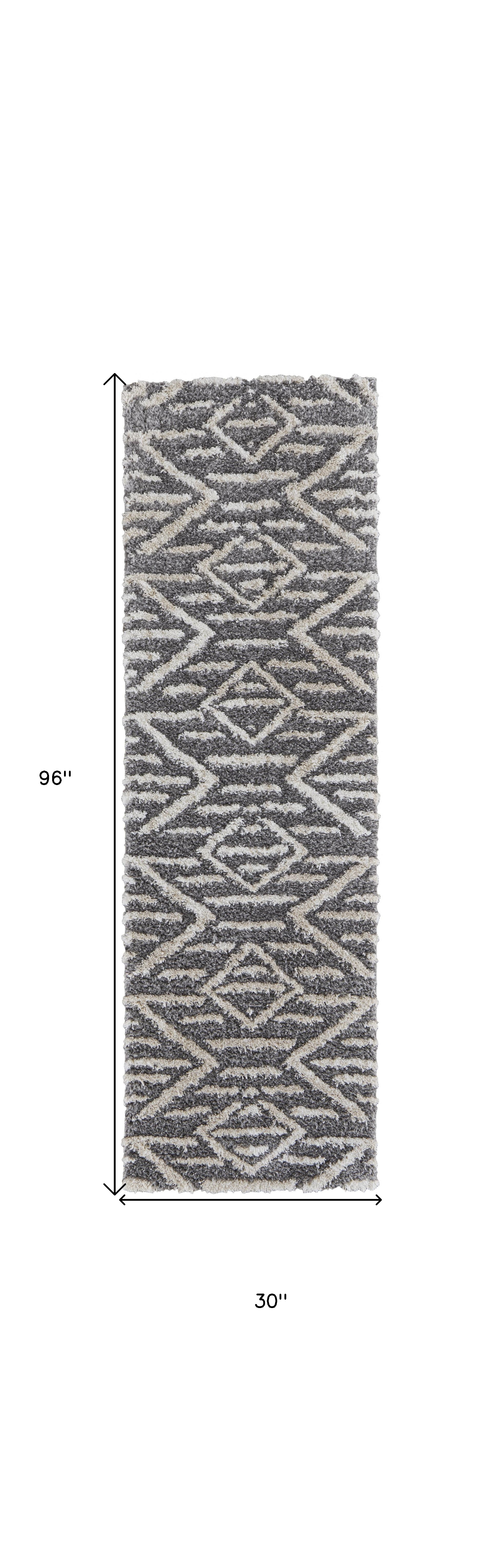 8" Gray And Ivory Geometric Power Loom Stain Resistant Runner Rug
