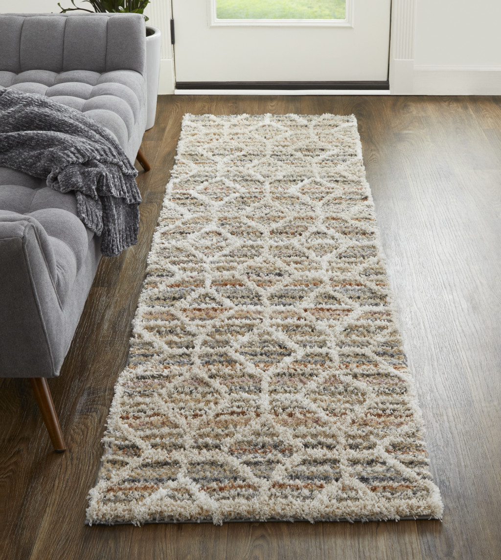 8" Tan Taupe And Ivory Geometric Power Loom Stain Resistant Runner Rug