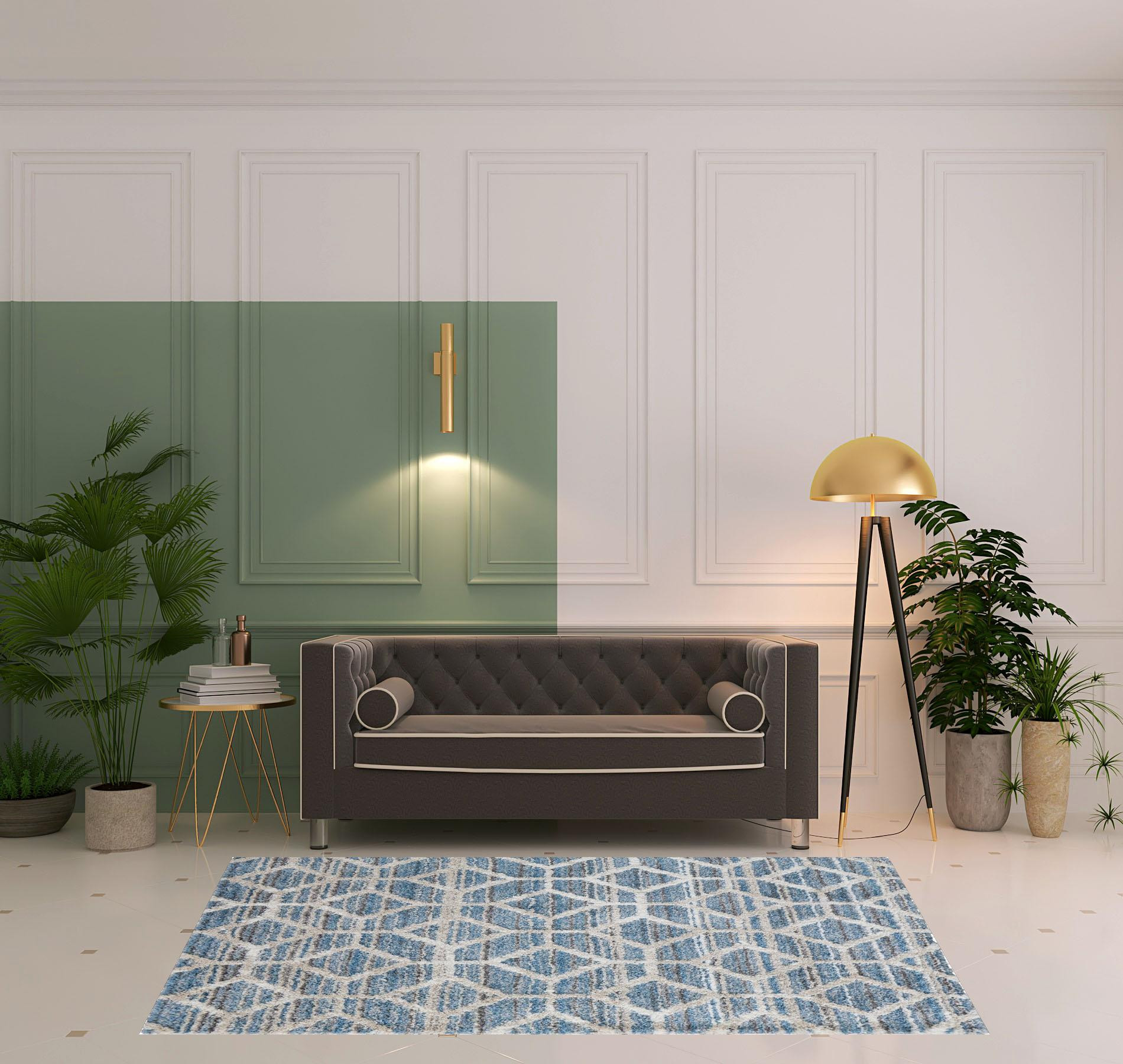 5 X 8 Blue And Ivory geometric Power Loom Stain Resistant Area Rug
