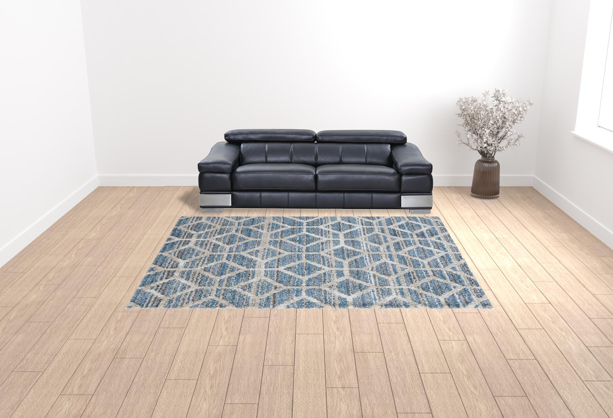 9" X 12" Blue And Ivory Geometric Power Loom Stain Resistant Area Rug