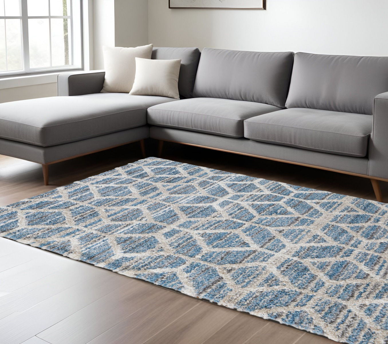 8" X 10" Blue and Ivory Geometric Power Loom Area Rug