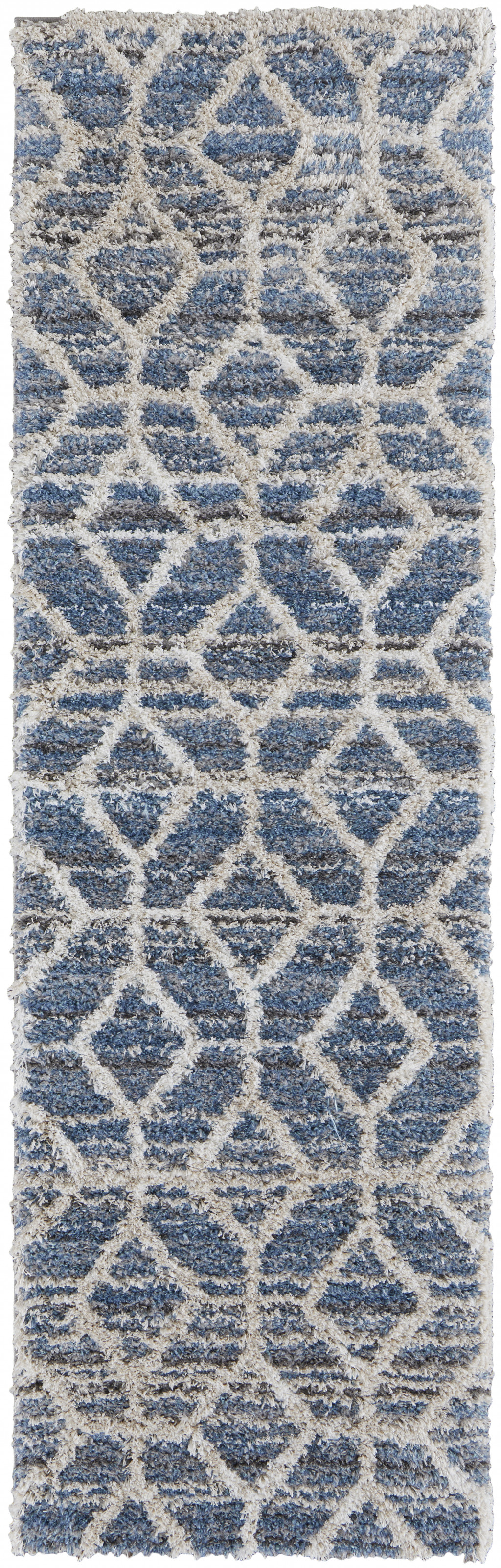 8" Blue And Ivory Geometric Power Loom Stain Resistant Runner Rug