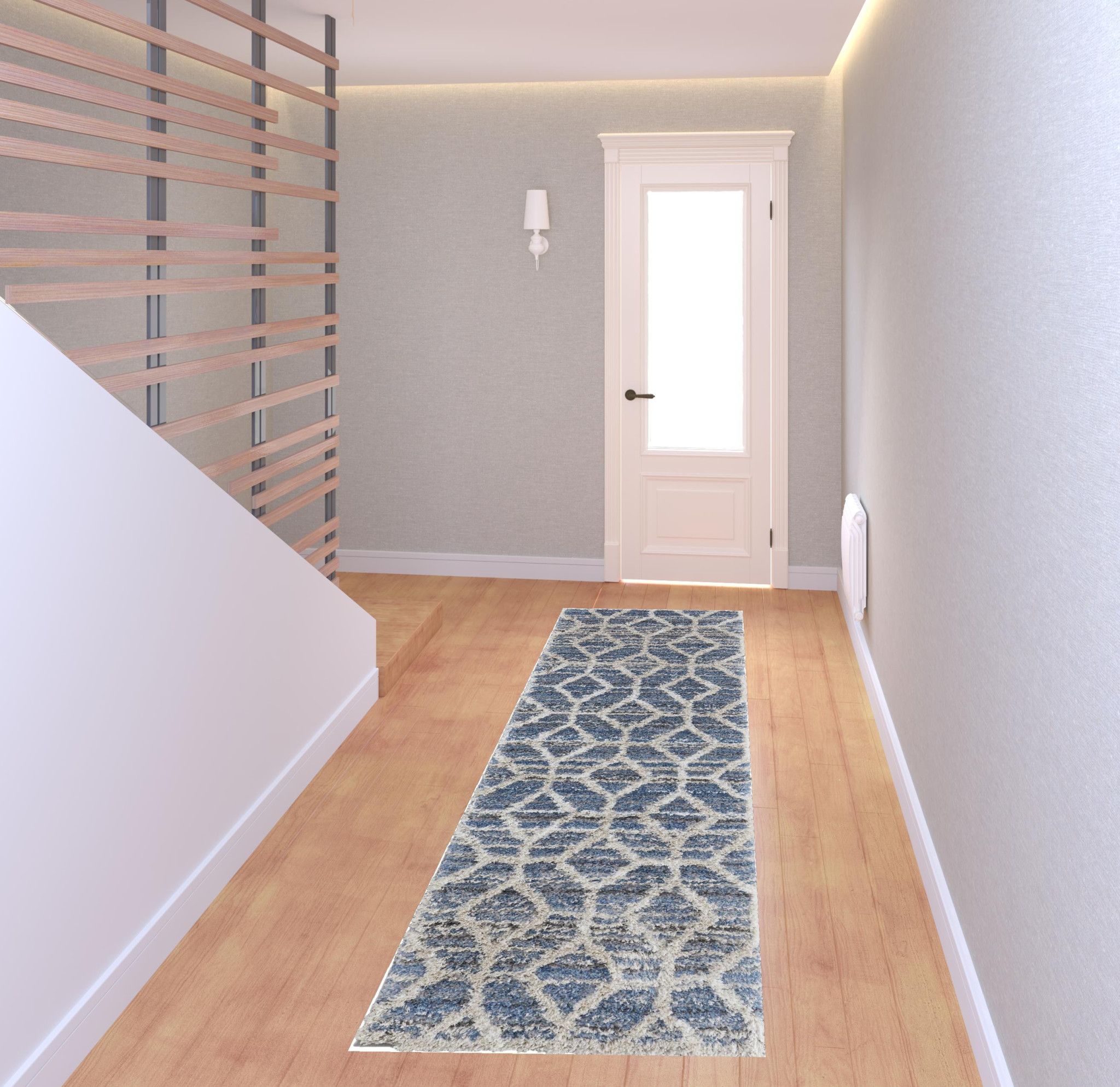 8" Blue And Ivory Geometric Power Loom Stain Resistant Runner Rug