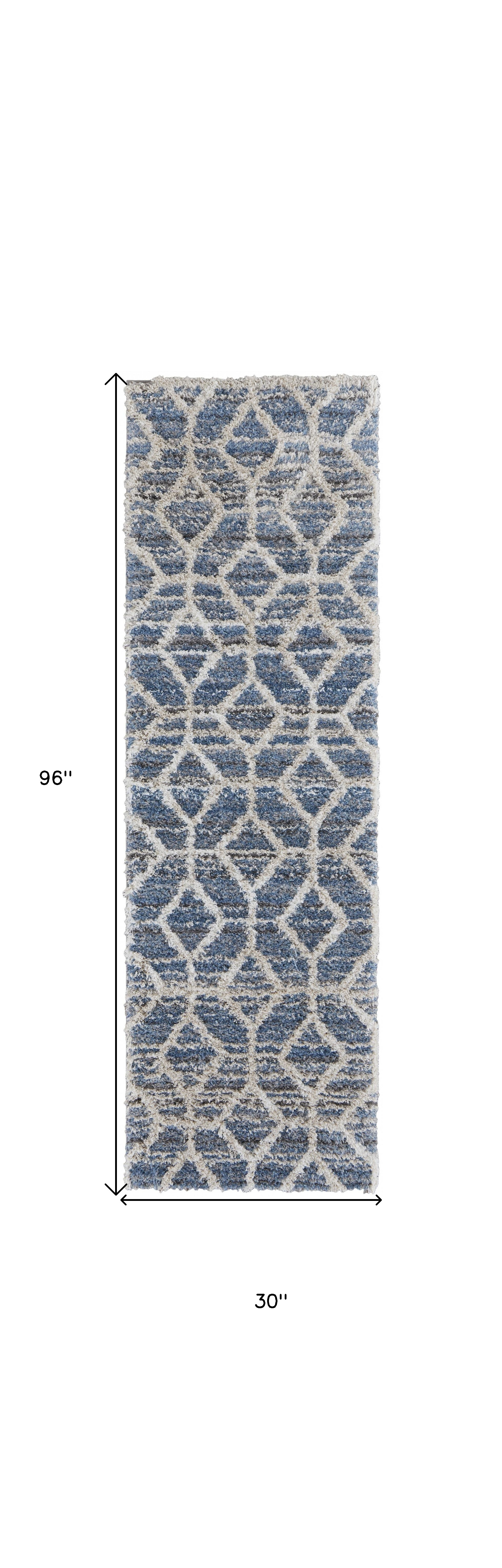 8" Blue And Ivory Geometric Power Loom Stain Resistant Runner Rug