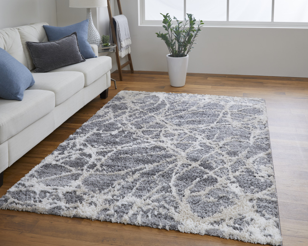 9" X 12" Gray And Ivory Abstract Power Loom Stain Resistant Area Rug